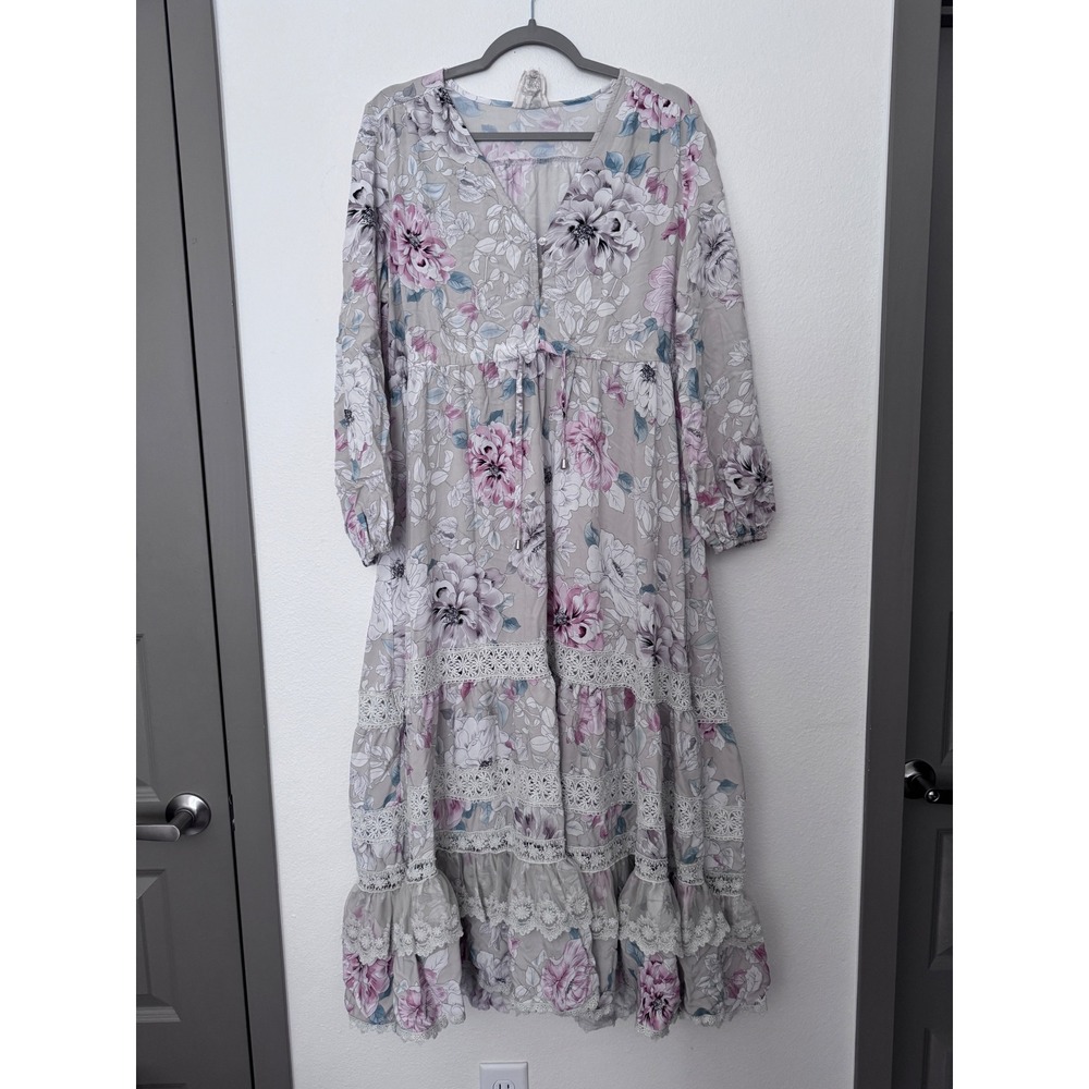 Jaase Floral Maxi Dress Boho Lace Tiered Long Sleeve Cottagecore Prairie Pink jj - Picture 2 of 7
